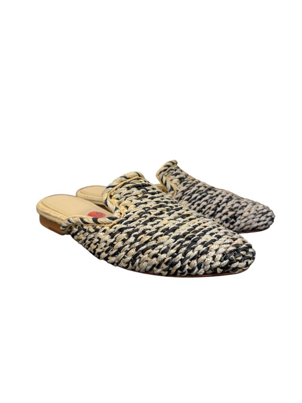 Zyne Cream & Black Woven Raffia Pointed Toe Sliders Size 6.5